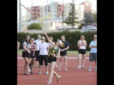 City high school track and field athletes compete in javelin as part of the CSHSAA championships at the Foothills Athletic Park in Calgary on Saturday, May 23, 2015.