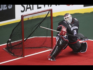 The Roughnecks fail to stop an onslaught of Edmonton Rush shots on net during a mini-game three at the Scotiabank Saddledome in Calgary on Saturday, May 23, 2015. The Calgary Roughnecks lost to the Edmonton Rush, 4-1, in game three of the National Lacrosse League west division final.