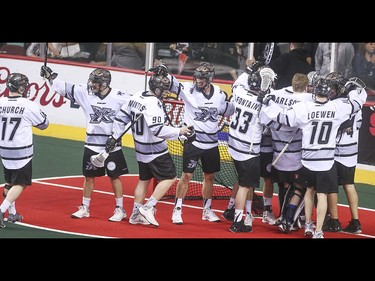 Edmonton Rush celebrates their western division win at the Scotiabank Saddledome in Calgary on Saturday, May 23, 2015. The Calgary Roughnecks lost to the Edmonton Rush, 4-1, in game three of the National Lacrosse League west division final.