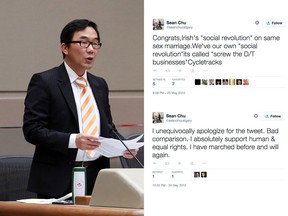 Ward 4 Councillor Sean Chu back-pedalled Sunday May 24 from a tweet he sent the night before in which he compared Ireland's historic vote to legalize same-sex marriage with Calgary's inner-city cycle tracks.