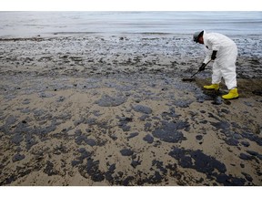 A worker removes oil from the beach at Refugio State Beach, north of Goleta, Calif., Thursday, May 21, 2015.