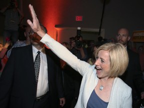 Alberta NDP leader Rachel Notley celebrates her majority victory in the provincial election in Edmonton, Tuesday, May 5, 2015.