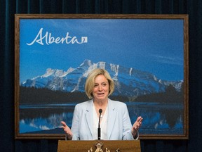 Alberta premier-designate Rachel Notley speaks to the media in Edmonton on Tuesday, May 12, 2015.