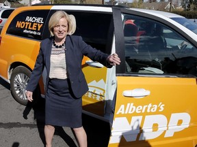 NDP Leader Rachel Notley arrives at a campaign stop in Calgary on April 29, 2015.