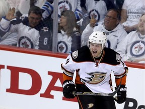 Anaheim Ducks defenceman Cam Fowler celebrates a goal against the Winnipeg Jets and their famous White-Out fan base during the first round of the playoffs. He is excited to play in Calgary in front of the even louder 'C' of Red.