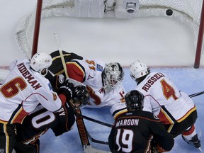 Anaheim Ducks right winger Corey Perry (10) scores the game winning goal past Calgary Flames goalie Karri Ramo (31) during overtime in Game 5.
