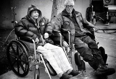 Barbi Harris and closest friend Hirsh, a fellow street person and a kindred spirit, enjoy a moment visiting at the hospital.