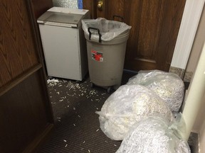 Bags of shredded documents lay outside the offices of the environment ministry. Also moving  carts were lined up in the halls following the election which saw the Tories lose power after 44 years. Reader says it was Jim Prentice's duty, not Rachel Notley's, to stop the shredding.