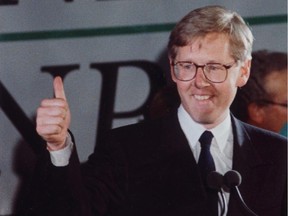 NDP Leader Bob Rae gives the thumbs up sign after leading his party to victory in the Ontario provincial election, Sept. 7, 1990.