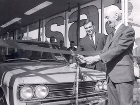 From left, Einar Brasso and W.C. Dupont, general sales western region for Nissan Automotive Manufacturers of Datsun, officially opens Calgary's Brasso Datsun (now Brasso Nissan) on April 25, 1969.