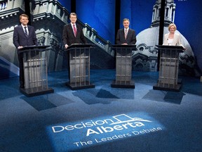 Wildrose Party Leader Brian Jean, Liberal Leader David Swann, Alberta Progressive Conservative Leader Jim Prentice and NDP Leader Rachel Notley are seen prior to the recent televised debate.