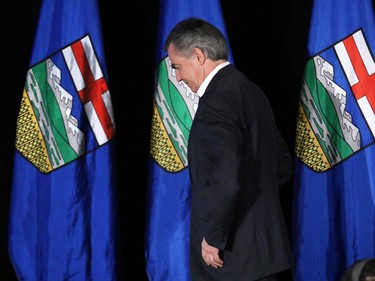PC leader Jim Prentice walks off the stage at his campaign headquarters in downtown Calgary after resigning as MLA and premier. After 4 decades in power the Progressive Conservative party was decimated in the 2015 Alberta election on Tuesday May 5, 2015.