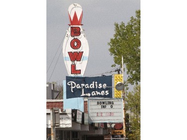 The neon sign at Paradise Lanes bowling alley on International Avenue in Forest Lawn  as seen Wednesday May 13, 2015.