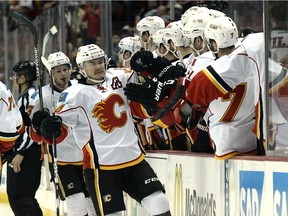 Jiri Hudler #24 of the Calgary Flames celebrates his goal with teammates on the bench against the Anaheim Ducks in Game Five of the Western Conference Semifinals during the 2015 Stanley Cup Playoffs at Honda Center on May 10, 2015 in Anaheim, California. (Photo by Kevork Djansezian/Getty Images)