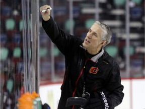 Calgary Flames head coach Bob Hartley during Flames practice at the Scotiabank Saddledome in Calgary on May 7, 2015.