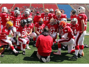 The South All-Stars defensive players have a quick meeting while the offence is on the field at the Alberta Senior Bowl all-star game between South all-stars and North all-stars at McMahon Stadium in Calgary.