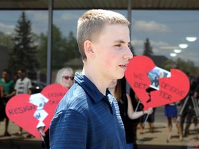 Calgary teen Jesse Robitaille organized a rally on Sunday May 24, 2015, encouraging residents of Calgary-Bow riding to call for removal of rogue MLA Deborah Drever who was punted from NDP caucus Friday for homophobic posting on Instagram.