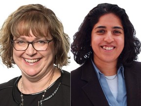 On the left, incumbent PC MLA for Calgary-Glenmore Linda Johnson and on the right, NDP challenger Anam Kazim.