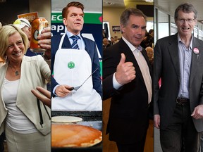 Alberta political party leaders campaigning on the last weekend of the election campaign. From Left, Rachel Notley, Brian Jean, Jim Prentice and David Swann.