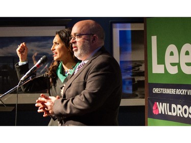 Chestermere-Rockyview Wildrose candidate Leela Aheer and her campaign manager Patrick Bergen address the party faithful in Chestermere Tuesday night May 5, 2015.