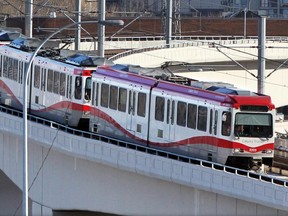 A CTrain makes its way along the West LRT from downtown on January 24, 2014.