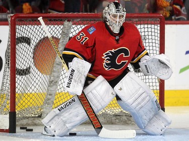 Calgary Flames goalie Karri Ramo warmed up prior to the game against the Anaheim Ducks during warm-up prior to NHL playoff action at the Scotiabank Saddledome on May 5, 2015.