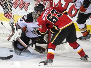 Calgary Flames centre Sam Bennett lined up a shot on Anaheim Ducks goalie Frederik Andersen which appeared to possibly go over the line during third period NHL playoff action at the Scotiabank Saddledome on May 5, 2015. Officials said there was inconclusive proof it crossed the line and it was ruled no goal.