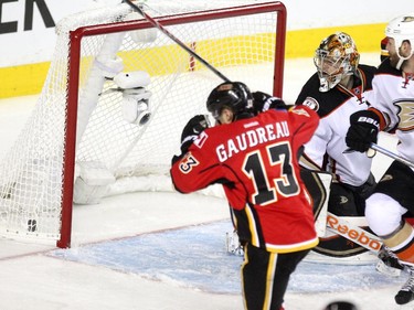 Anaheim Ducks goalie Frederik Andersen turned to look as a shot by Calgary Flames centre Mikael Backlund went into the net during the overtime period NHL playoff action at the Scotiabank Saddledome on May 5, 2015. Backlund scored the game winning goal at 4:24  of the first overtime to give the Flames their first win in the series.