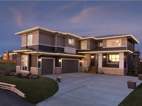 The exterior to the Cameron model by Crystal Creek Homes in Canals Landing in Airdrie.