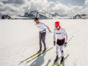 Devon Kershaw and
Len Valjas, athletes with Canada's national XC ski team, train at Sunshine resort in May.