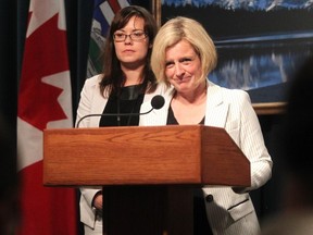 Premier Rachel Notley, right, and Minister of Justice and Aboriginal Affairs Kathleen Ganley  on May 28, 2015.