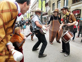 Local busker Andy Mitchell, with banjo, jammed with Cirque du Soleil Kurios Cabinet of Curiosities cast members, from left, Kit Chatham, Mini Lili, Klara, Nico the Accordian Man and drummer Gabriel Beaudoin.