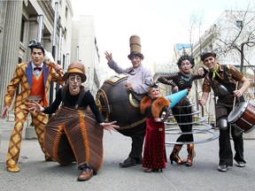 Cast members, from left, juggler Gabriel Beaudoin, Nico the Accoridon Man, Mr. Microcosmos, Mini Lili, Klara the Telegraph of the Invisible and drummer Kit Chatham.