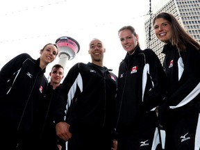 Volleyball players Marisa Field, Graham Vigass, Justin Duff, Becky Pavan, and Tabi Love are excited about the announcement of the National Volleyball Tournament, in Calgary on May 13, 2015.
