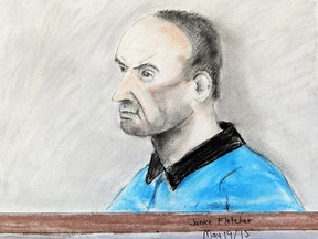 An artist rendering of Douglas Garland as he sits in court on May 19, 2015 during his preliminary trial. He is accused of killing a Calgary couple and their five-year-old grandson.