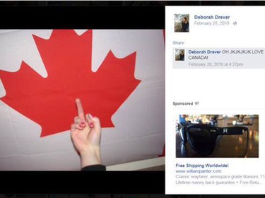 Hours after being elected Deborah Drever took down her Facebook page after facing a barrage of criticism over a number of photos. This image of a middle finger in front of a Canadian flag was one of the photos that drew criticism. At the time, Drever said "that’s not my finger on the flag. I have a lot of friends, whose pictures are on my site, and they don’t necessarily all share the same values that I do.”