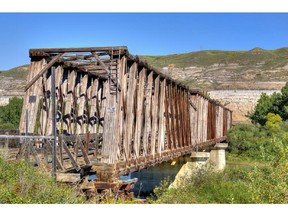 This photo of the East Coulee truss bridge at the Atlas Mine was taken by Bill Church for Heritage Canada The National Trust, a non-profit organization.