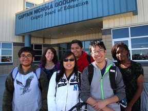 Staff and students at Captain Nichola Goddard School including, from left, Immad Manzoor, teacher Debbie Rheinstein, Lily Huang, Max Hernandez, Bryant Woo and Juliet Omini have been recognized for their efforts in green commuting. The program encourages students to find alternative transportation to school.