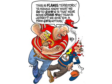 The Fascist Fan:  
In his heart, this Flames fan is the same as The Real Deal: unwaveringly optimistic and utterly devoted to his team. It just comes out like bombastic rage. Despite this being a free country, and hockey just being a game (if you value your life, never, ever utter those words to this guy), The Fascist Fan feels strongly that he and "his" team are deeply wronged by folks who root for anyone but the Flames. If you live in Calgary or the outlying area within a 200-mile radius, you better be cheering for Monahan, and your underpants damn well better be logo-ed up with Flaming Cs.