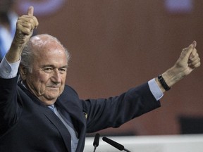 FIFA president Sepp Blatter after his election as President at the Hallenstadion in Zurich, Switzerland, Friday, May 29, 2015. Blatter has been re-elected as FIFA president for a fifth term, chosen to lead world soccer despite separate U.S. and Swiss criminal investigations into corruption. The 209 FIFA member federations gave the 79-year-old Blatter another four-year term on Friday after Prince Ali bin al-Hussein of Jordan conceded defeat after losing 133-73 in the first round.