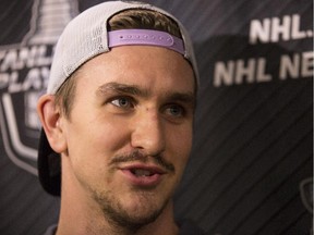 Calgary Flames' Game 3 overtime hero Mikael Backlund talks to the media after practice on Wednesday.