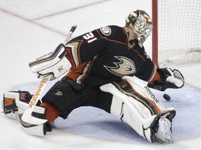 Anaheim Ducks goalie Frederik Andersen, of Denmark, stops a shot by a Calgary Flames player during the second period of Game 1 in the second round of the NHL Stanley Cup hockey playoffs, Thursday, April 30, 2015, in Anaheim, Calif.