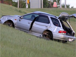 Three men were sent to hospital after this Subaru Impreza rolled on northbound Deerfoot Trail  Sunday evening May 31, 2015.