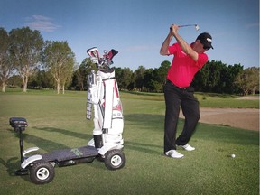 Golf Skate Caddy is a new type of golf transporter that rides like a motorized skateboard.