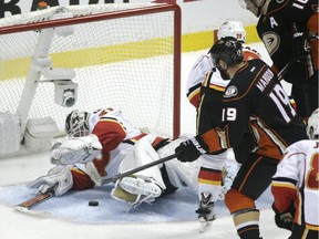 Calgary Flames goalie Karri Ramo stops a shot by Anaheim Ducks' Patrick Maroon during the second period of Game 2 on Sunday.