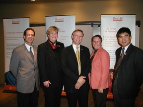 (Left to right) Dr. Samuel Weiss, director of the Hotchkiss Brain Institute, Dr. Luanne Metz, neurologist and researcher with Calgary Health Region, Jay Westman, president and CEO of Jayman MasterBuilt, Diana Joseph, president of Wen-Di Interiors and Dr. Wee Yong, scientist and researcher specializing in MS pose in this file photo.