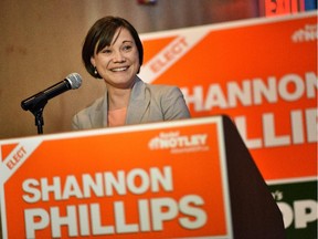 Lethbridge West NDP candidate Shannon Phillips celebrates with supporters after winning her seat in the Alberta election Tuesday in Lethbridge.  Phillips defeated PC incumbent MLA Greg Weadick whose party has held the riding since 1975.