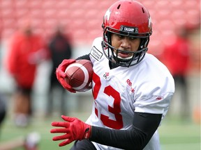 Receiver Lemar Durant runs the ball during the morning rookie practice for the Calgary Stampeders on May 29, 2015.