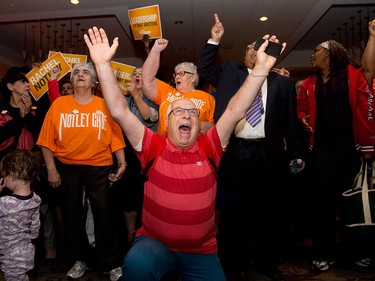 NDP supporters react as they watch the results at NDP leader Rachel Notley's headquarters in Edmonton on Tuesday, May 5, 2015.