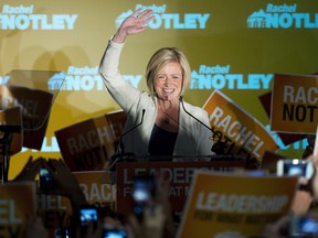 NDP leader Rachel Notley speaks on stage in Edmonton after her party swept to victory Tuesday night.